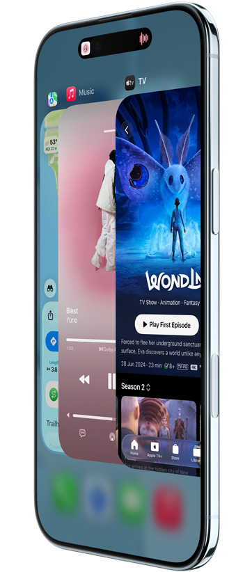 iPhone Air, Vorderseite, Seite, mit den Apps Karten, Musik und Apple TV+, das App-Umschalter Feature wird verwendet
