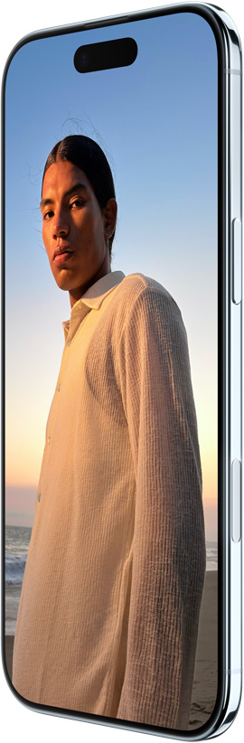 天藍色 iPhone Air 的機身正面和一側外觀，展示全螢幕設計、頂部的動態島，以及側邊的按鈕和相機控制按鈕。