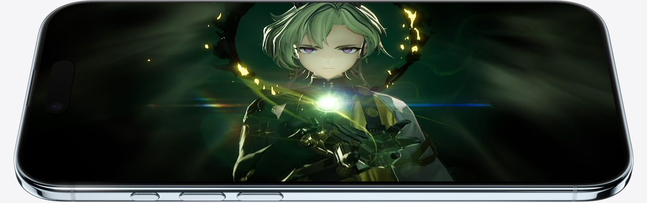 iPhone Air 機身斜正面，螢幕顯示遊戲的靜態畫面，並展示動作按鈕和音量按鈕。