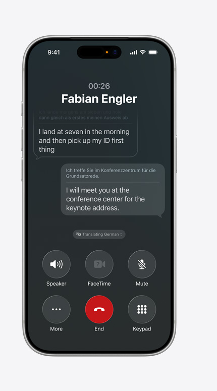 iPhone’i ekraan, mis näitab Live Translation funktsiooni telefonikõne ajal