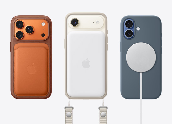 Kõrvuti, iPhone 17 Pro tagakülg MagSafe'iga FineWoven Walletiga, iPhone 17 tagakülg CrossBody rihmaga ja silikoonümbrisega, iPhone 17 tagakülg läbipaistva MagSafe ümbrisega