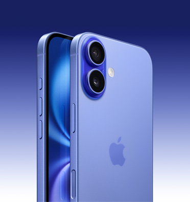 iPhone 16 in Ultramarine finish, partial-screen display and side angle shows - Action, volume and side button. Back exterior shows advanced dual-camera system in top left corner.
