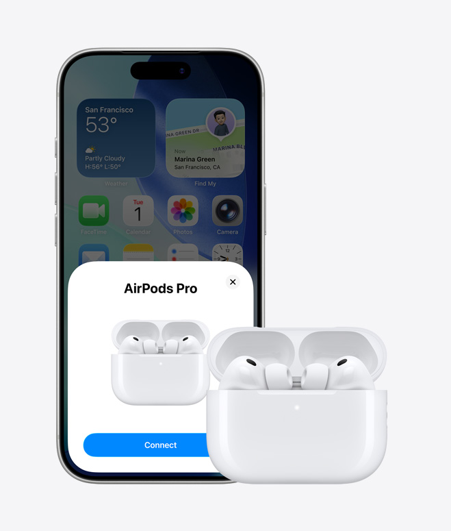 iPhone 17 Pro elölnézetből, a háttérben a főképernyő, a kijelzőn az AirPods csatlakoztatását jelző értesítéssel, a készülék mellett a kinyitott tokjába helyezett AirPodsszal