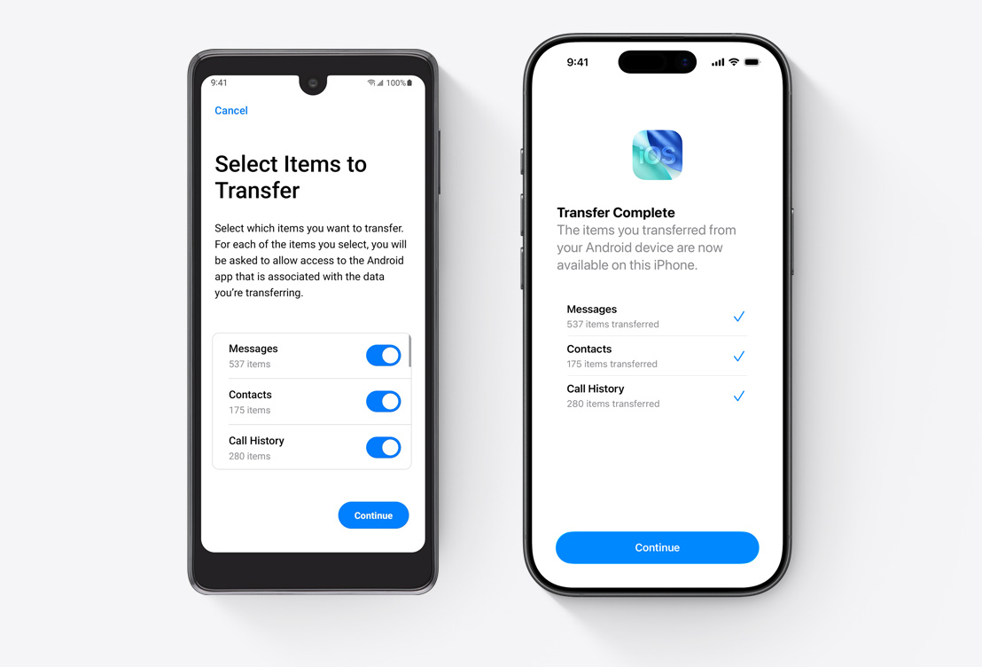 Egy androidos telefon és egy iPhone egymás mellett, mindkettő kijelzőjén a Váltás az iOS-re appal.