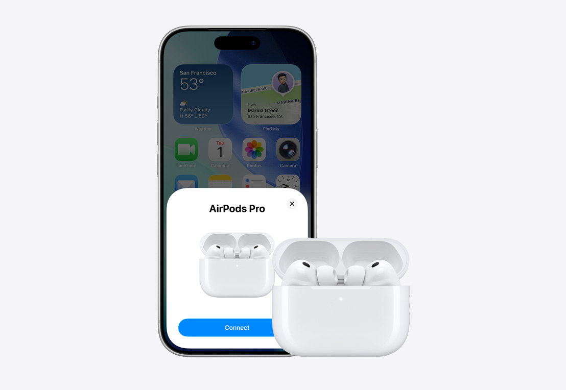 iPhone 17 Pro, face avant, écran d’accueil à l’arrière-plan, fenêtre contextuelle de connexion des AirPods à l’écran, AirPods dans un boîtier ouvert à côté de l’iPhone