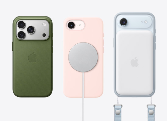 Neue iPhone Modelle nebeneinander mit Zubehör wie dem Funktionsgewebe Case mit MagSafe, MagSafe Ladegerät, der MagSafe Batterie und dem Crossbody Band