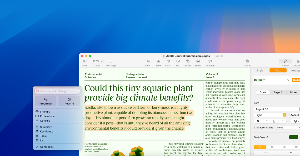 螢幕展示使用 Apple Intelligence 的書寫工具編輯功能
