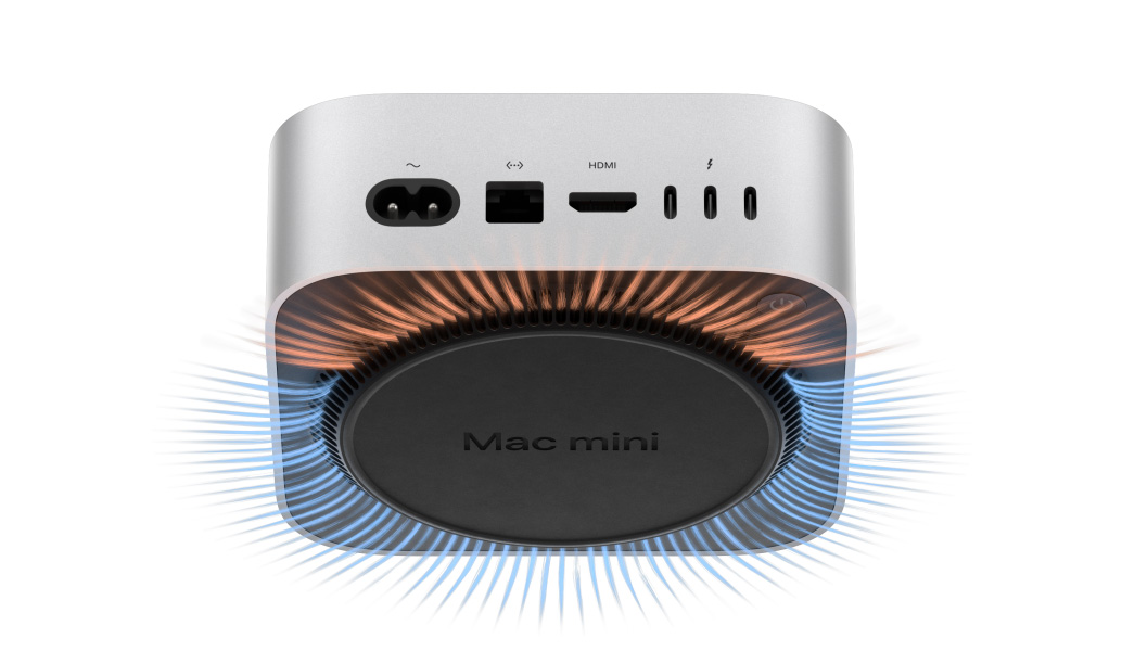 圖片顯示 Mac mini 背面連接埠，以半透明插圖展示鋁金屬外殼底層的調溫及通風系統。