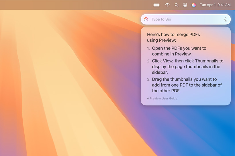 Fenêtre contextuelle de Siri affichant l’information demandée sur la fusion de plusieurs PDF.