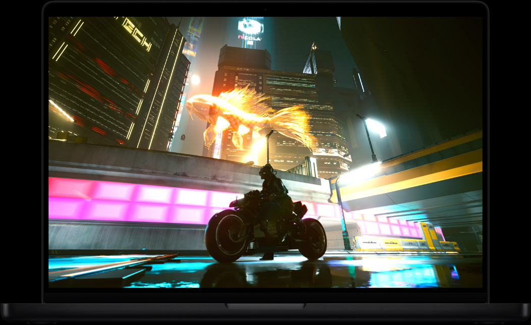 MacBook&nbsp;Pro ekrānā redzama spēle Cyberpunk&nbsp;2077:&nbsp;Ultimate