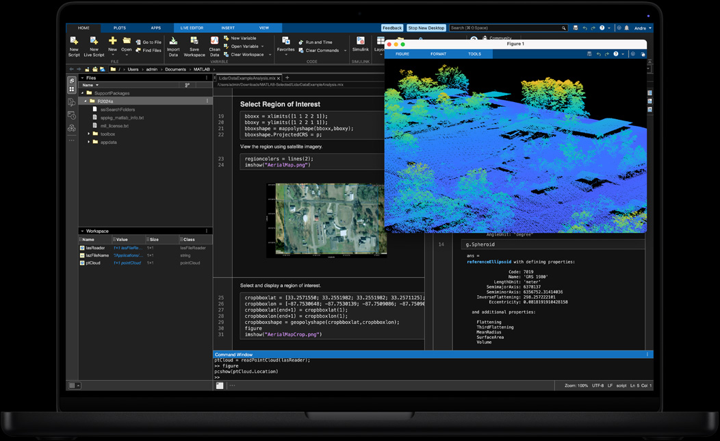 MacBook&nbsp;Pro ekrānā tiek izmantota MATLAB&nbsp;aplikācija ģeotelpisko datu apstrādei un&nbsp;vizualizācijai