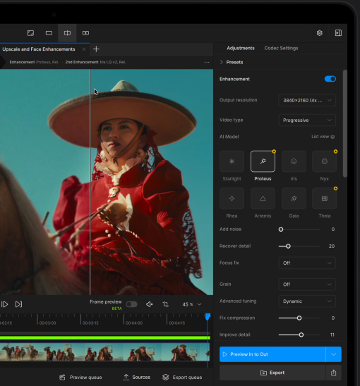 MacBook Pro ekrāns, kurā videoklips tiek uzlabots ar MI, izmantojot Topaz Video aplikāciju