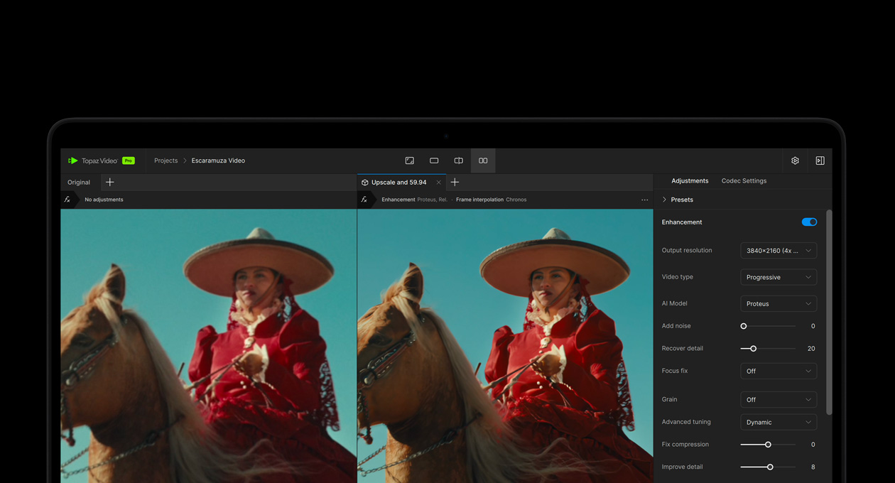 MacBook&nbsp;Pro ekrāns, kurā videoklips tiek uzlabots ar MI, izmantojot Topaz&nbsp;Video&nbsp;aplikāciju