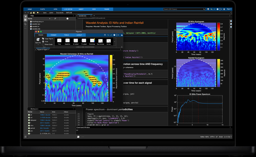 Écran d’un MacBook Pro montrant le traitement et la visualisation de données géospatiales dans MATLAB