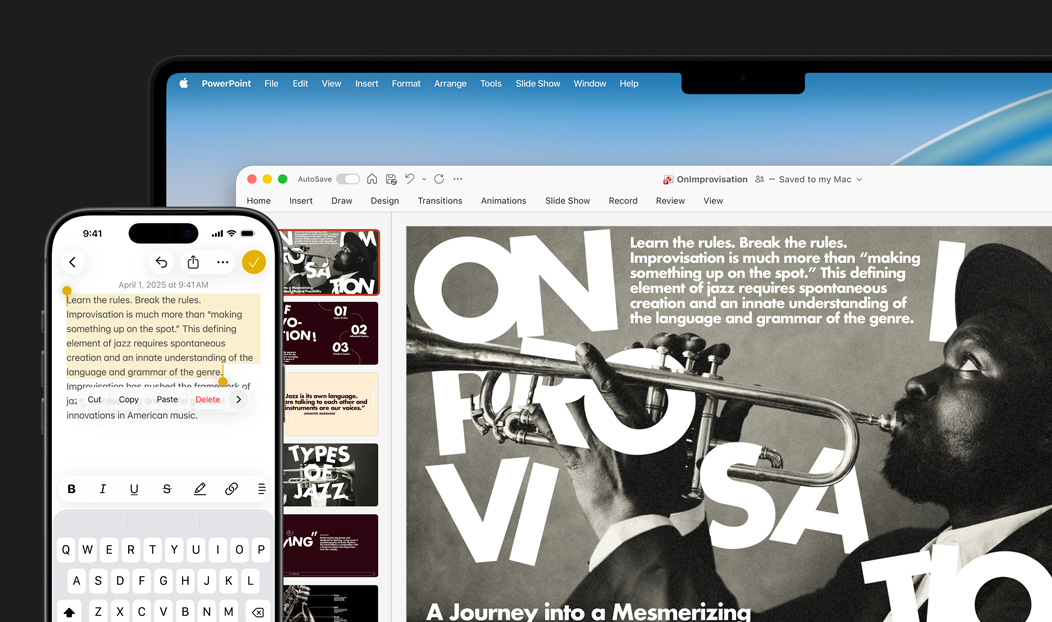 iPhone 16 Plus montrant du texte en surbrillance dans l’app Notes, MacBook Pro affichant une diapositive Keynote, le texte de l’app Notes est visible sur la diapositive