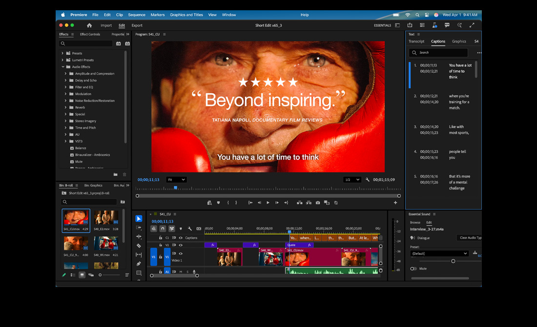 Écran d’un MacBook Pro montrant le montage d’un film intitulé Eternal Play dans Adobe Premiere