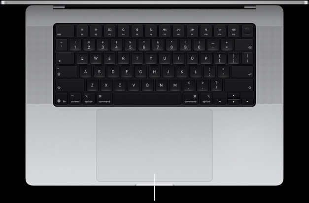 Draufsicht auf ein geöffnetes 16" MacBook Pro mit dem Force Touch Track pad unterhalb der Tastatur