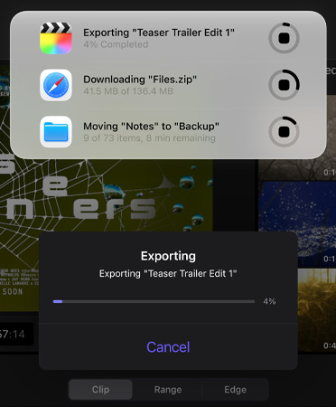 即時動態列表展示正同步處理和運行多個項目，包括輸出預告片、下載大型檔案，以及將「備忘錄」移至「備份」
