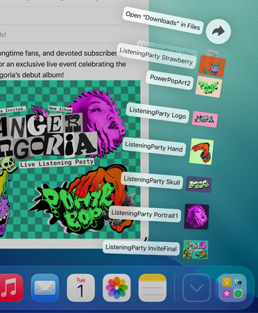 底部 Dock 的特寫，展示一系列檔案從 Dock 以扇形垂直展開