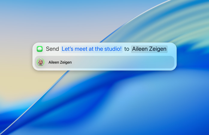 Une personne tape un message texte à même Spotlight pour l’envoyer via l’app Messages