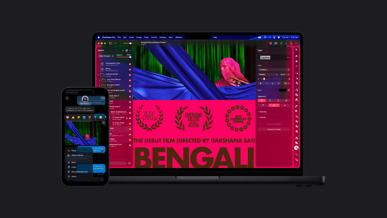 Écran de MacBook Pro 16 pouces montrant une femme portant un voile rose dans l’app Messages, des émojis de réaction, des options d’image, écran de MacBook Pro 14 pouces montrant une photo d’une femme portant un voile rose, affiche de cinéma, outils d’édition à gauche et à droite