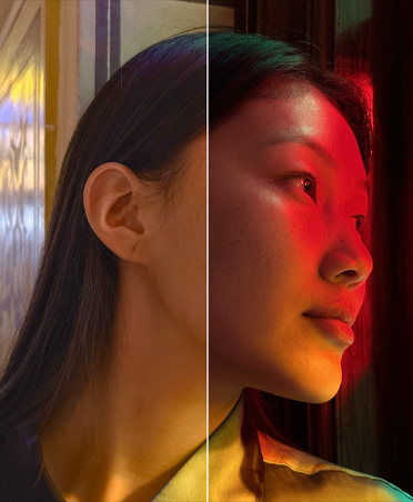 Photo en deux parties d’une femme dans un environnement intérieur sombre, éclairage rouge, la partie gauche et la partie droite de la photo sont différentes