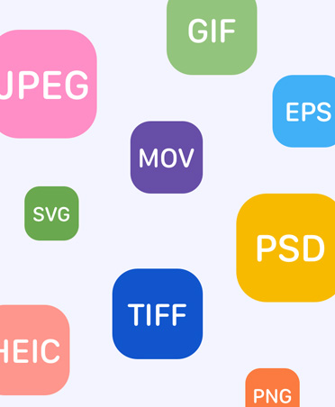 Un ensemble de bulles de diverses couleurs avec un format de fichier différent inscrit dans chacune d’elles pour illustrer la vaste gamme de formats pris en charge par Pixelmator Pro