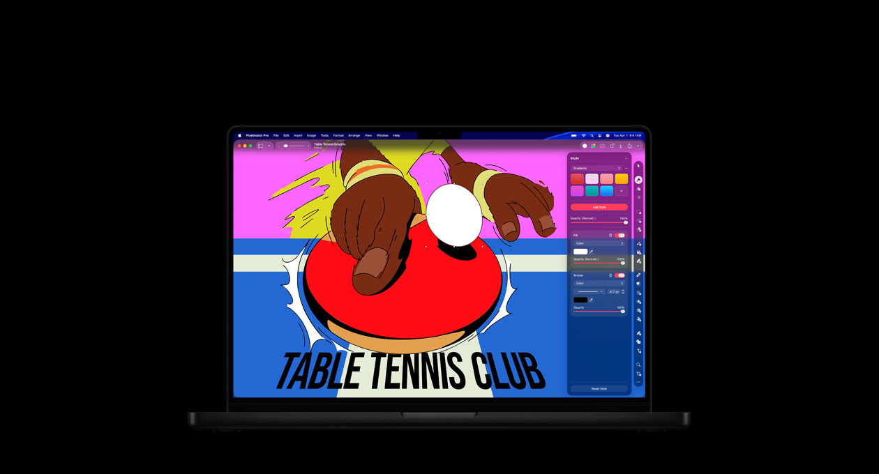 Écran de MacBook Pro 16 pouces, affiche colorée d’un club de tennis de table, outils de modification des couleurs