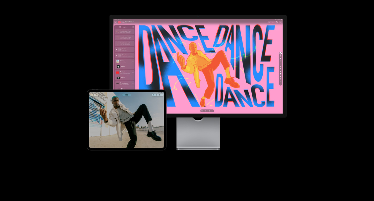 Écran d’iPad Pro 13 pouces, photo d’un homme qui danse, écran d’iMac, même photo d’un homme qui danse, mais retouchée pour ajouter des couleurs et du texte