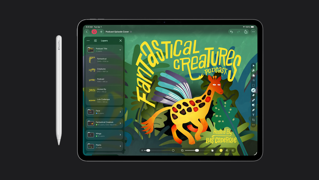 Apple Pencil avec un iPad Pro 13 pouces montrant une illustration pour un balado sur les créatures fantastiques
