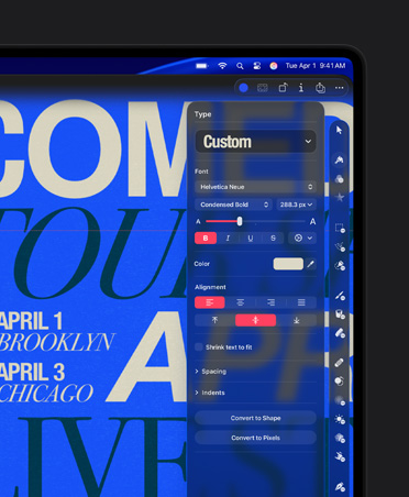 Écran de MacBook Pro 16 pouces, image d’une affiche pour une tournée de spectacles d’humour, outil de personnalisation de la typographie