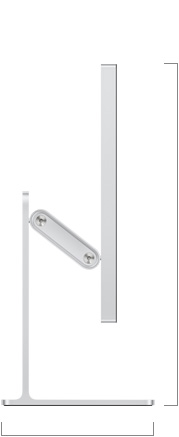 Zijaanzicht van Studio Display XDR met in hoek en hoogte verstelbare standaard, hoogte van het display wordt getoond, laagste stand