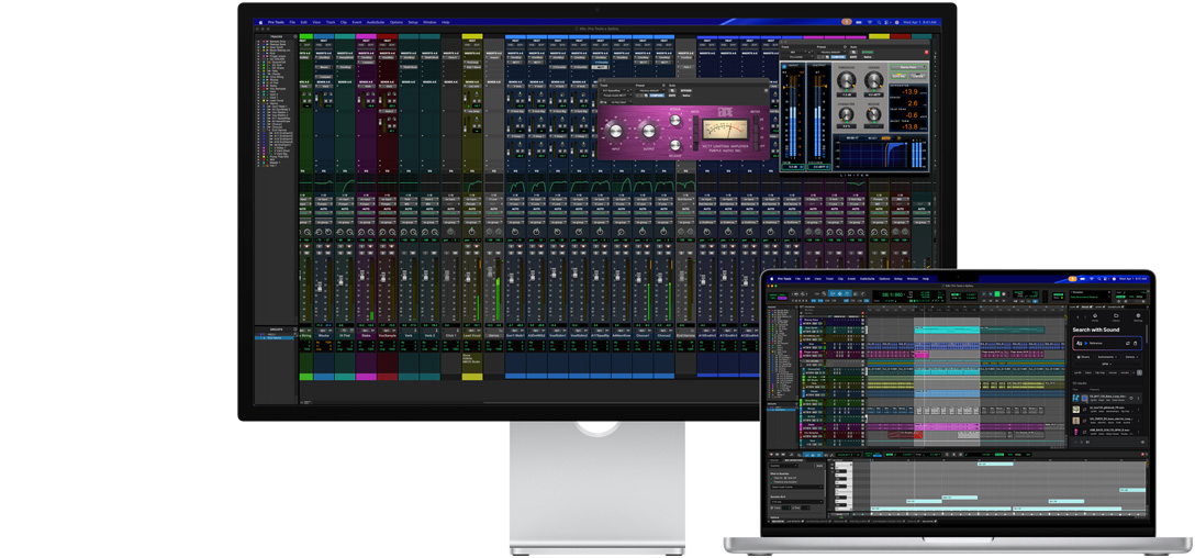 Studio Display and a Mac laptop showing a session in Pro Tools with Splice integration