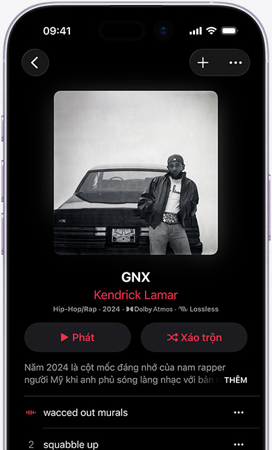 iPhone screen displaying the Kendrick Lamar album “GNX” on Apple Music