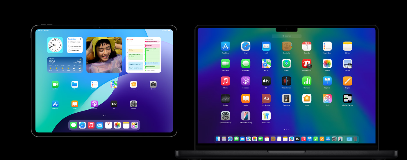 Hình ảnh iPad và máy Mac hiển thị nhiều biểu tượng ứng dụng khác nhau. Hình ảnh iPad hiển thị một số tiện ích, bao gồm Lịch, Thời tiết và Ảnh.