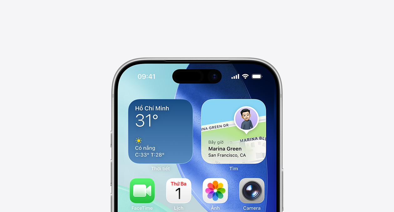 Phần trên cùng của màn hình iPhone hiển thị màn hình chính với các tiện ích Thời Tiết và Tìm ở hàng trên cùng