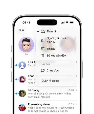 iPhone, chỉ hai phần ba màn hình phía trên, màn hình hiển thị ứng dụng Tin Nhắn với lớp phủ menu tính năng hiển thị các công cụ sàng lọc mới