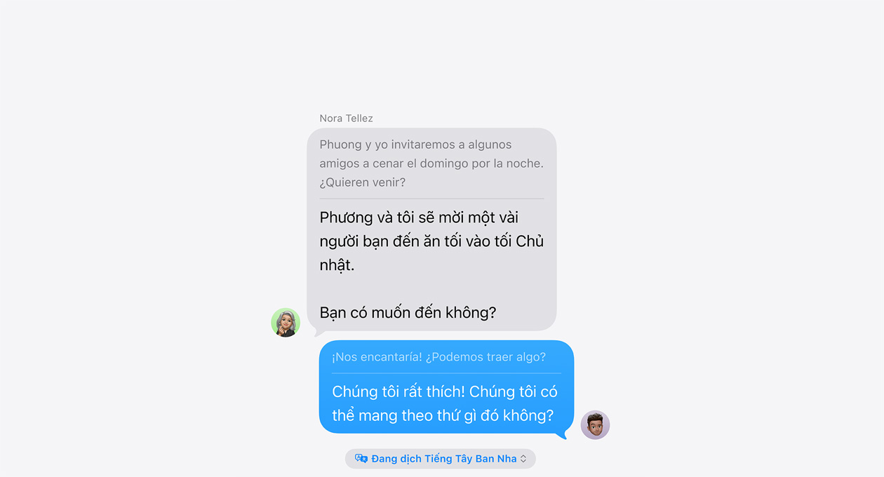 Live Translation in Messages, showing an example of automatic translation between Spanish and English